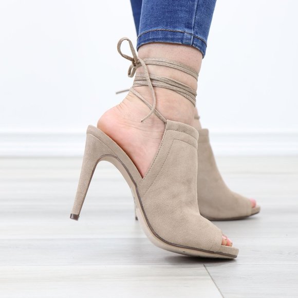 Tan Faux Suede Open Toe Ankle Laces High Heeled Sandals - Picture 3 of 12